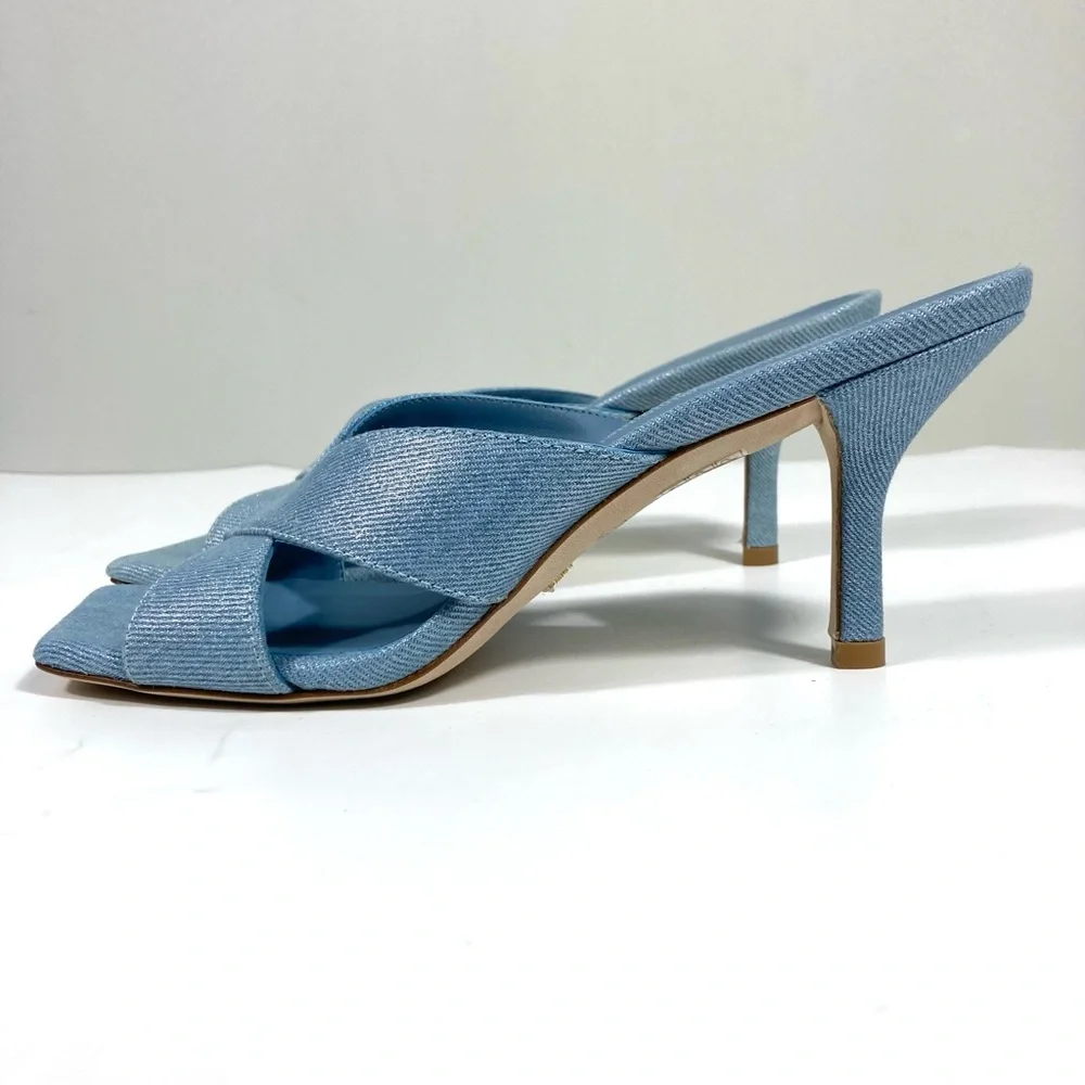 Stuart Weitzman Carmen 75 Heel Slide Sandals Blue Denim 8 NEW - Picture 6 of 17